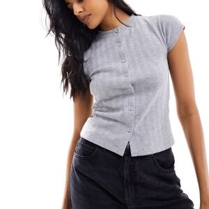 Asos Design Baby Tee Pointelle Cardigan In Gray Heather